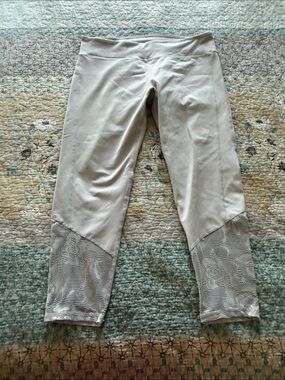 Fabletics Light Taupe Cropped Leggings with Lace Cutouts